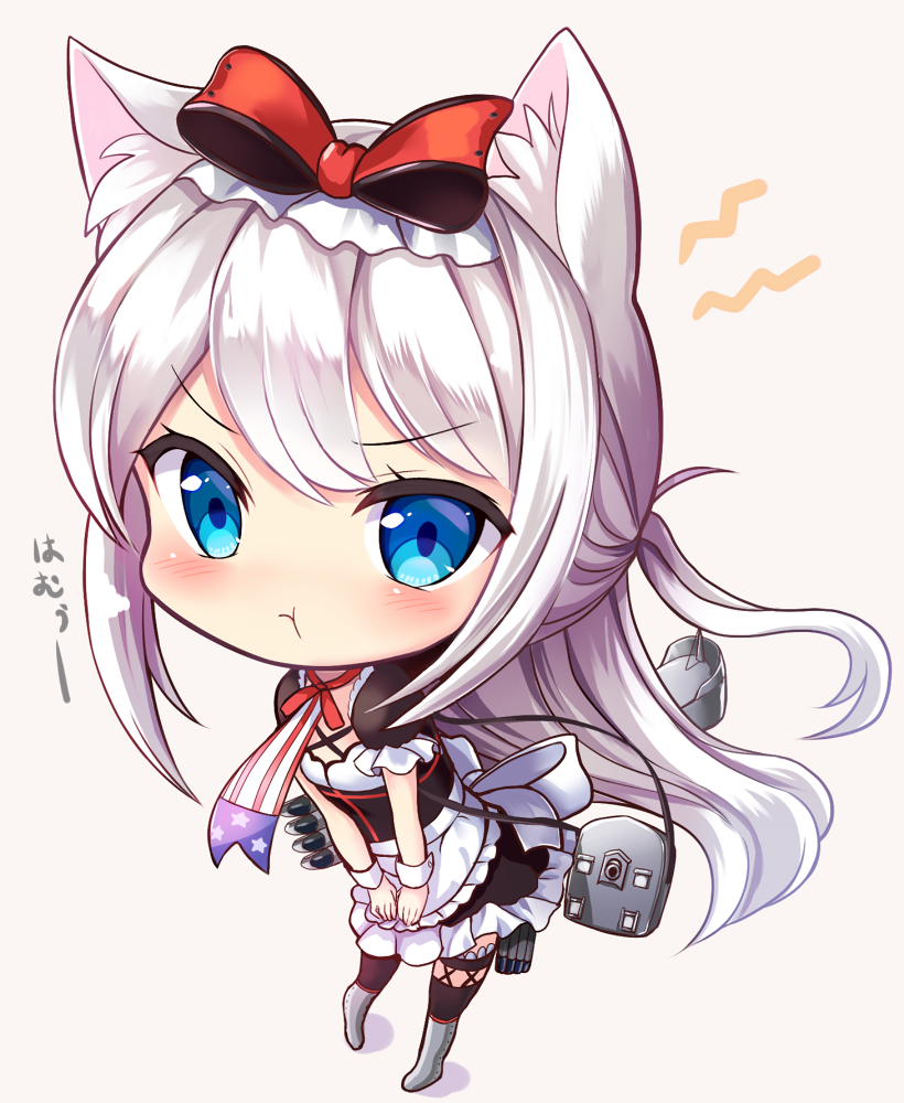 1girl :t american_flag american_flag_print animal_ears apron armor armored_boots azur_lane bangs black_dress black_legwear blue_eyes blush boots cat_ears chibi covering covering_crotch dress eyebrows_visible_through_hair flag_print frilled_apron frilled_dress frilled_sleeves frills full_body grey_background grey_footwear hammann_(azur_lane) knee_boots long_hair looking_at_viewer pout print_neckwear puffy_short_sleeves puffy_sleeves sakura_ani short_sleeves sidelocks silver_hair simple_background solo standing thigh-highs torpedo_tubes translated v-shaped_eyebrows very_long_hair waist_apron white_apron