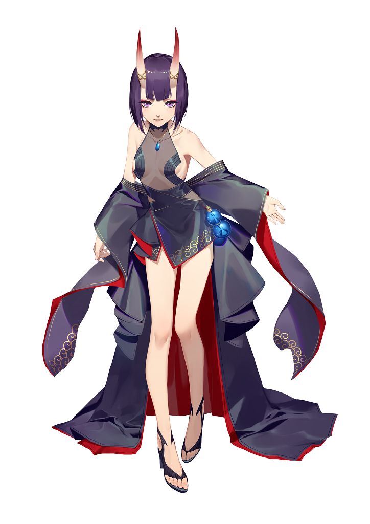 1girl bangs bare_shoulders barefoot_sandals bob_cut collarbone daye_bie_qia_lian fate/grand_order fate_(series) full_body gourd halterneck high_heels japanese_clothes jewelry kimono leaning_forward leotard necklace oni_horns parted_lips pink_lips purple_hair short_hair shuten_douji_(fate/grand_order) simple_background smile solo standing tachi-e violet_eyes white_background wide_sleeves