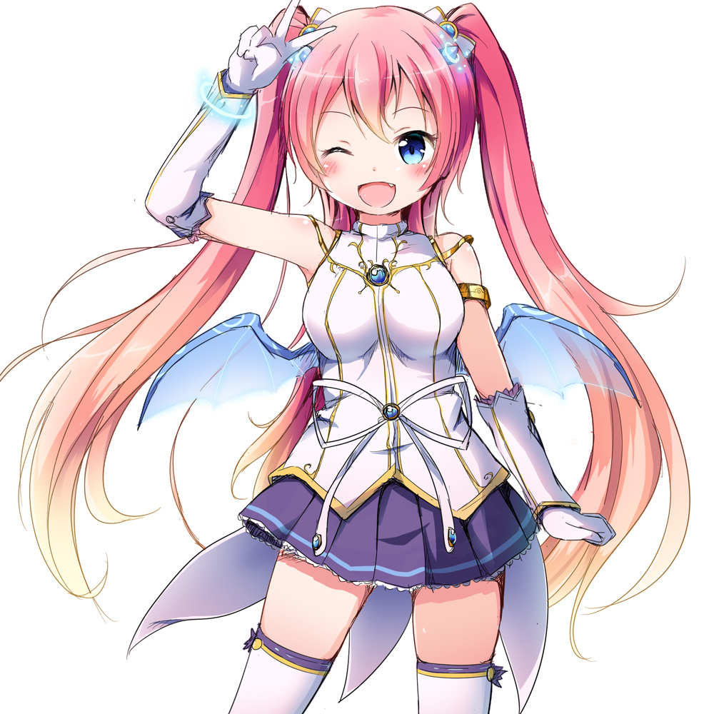 1girl ;d angelic_buster arm_at_side arm_up bangs bare_shoulders bat_wings blue_eyes blue_wings blush bow cowboy_shot elbow_gloves eyebrows_visible_through_hair fang gloves hair_between_eyes hair_bow horns long_hair looking_at_viewer maplestory nekono_rin one_eye_closed open_mouth pink_hair pleated_skirt purple_skirt shirt simple_background skirt sleeveless sleeveless_shirt smile solo thigh-highs transparent_wings two_side_up v very_long_hair white_background white_bow white_gloves white_legwear white_shirt wings