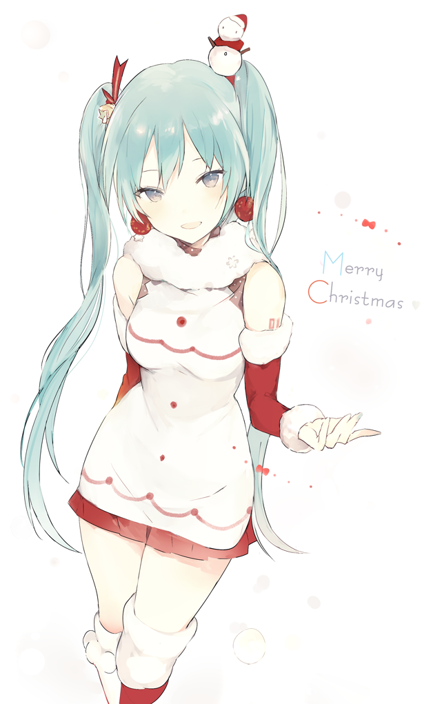 1girl :d bangs bare_shoulders bell blonde_hair blush boots christmas commentary_request detached_sleeves dress fur_trim grey_eyes hair_bell hair_ornament hatsune_miku long_hair looking_at_viewer lpip merry_christmas open_mouth pleated_skirt pom_pom_(clothes) red_skirt skirt smile snowman solo standing twintails very_long_hair vocaloid white_dress yuki_miku