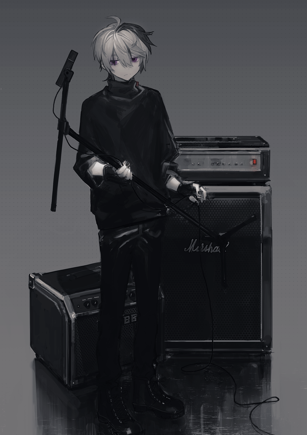1boy black_footwear black_gloves black_nails black_pants black_shirt boots closed_mouth fingerless_gloves fingernails flower_(vocaloid) gloves grey_background hair_between_eyes highres hirota_tsuu holding looking_at_viewer male_focus microphone microphone_stand multicolored_hair nail_polish original pants shirt solo speaker standing subwoofer two-tone_hair violet_eyes vocaloid white_hair