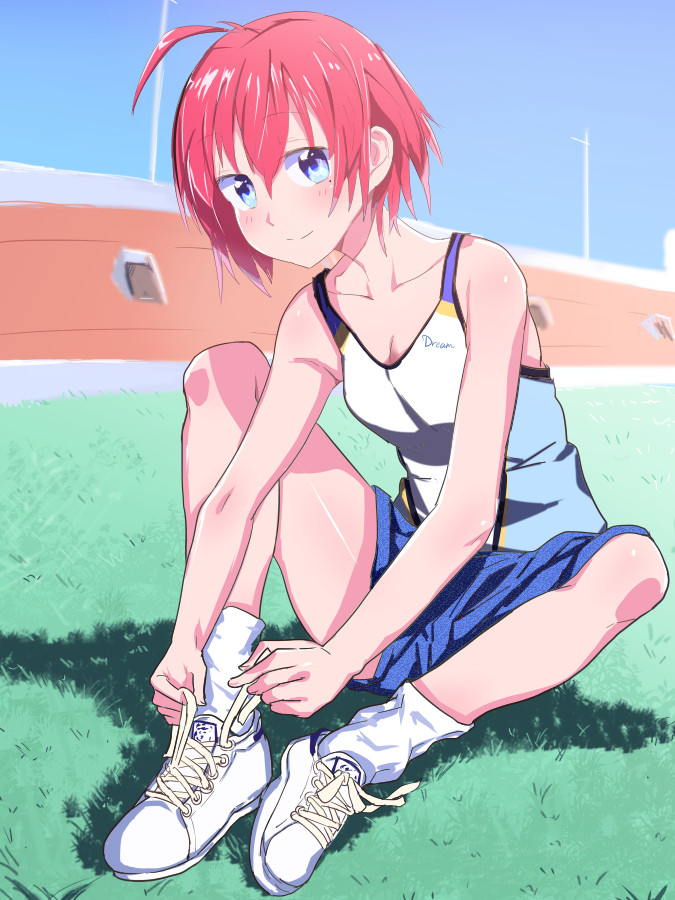 1girl ahoge blue_eyes blue_shorts blush collarbone day grass hinomoto_hikari looking_at_viewer outdoors redhead shoes shorts sitting smile sneakers socks solo tokimeki_memorial tokimeki_memorial_2 track_uniform tying_shoes upya white_footwear white_legwear