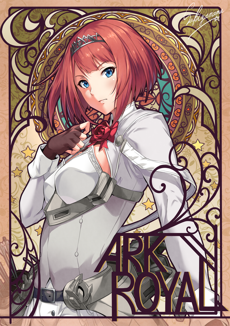 1girl ark_royal_(kantai_collection) art_nouveau belt belt_buckle blue_eyes brown_gloves buckle character_name corset fingerless_gloves flower gloves hairband kantai_collection long_sleeves red_ribbon red_rose redhead ribbon rose sakiyamama short_hair solo tiara white_corset