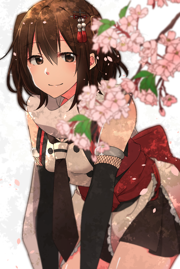1girl bare_shoulders black_skirt blurry blurry_foreground branch brown_eyes brown_hair brown_neckwear cherry_blossoms closed_mouth cowboy_shot depth_of_field detached_sleeves flower hair_between_eyes hair_ornament kantai_collection leaning_forward necktie pleated_skirt rinto_(rint_rnt) scarf sendai_(kantai_collection) short_hair skirt smile solo standing tassel two_side_up vest white_scarf