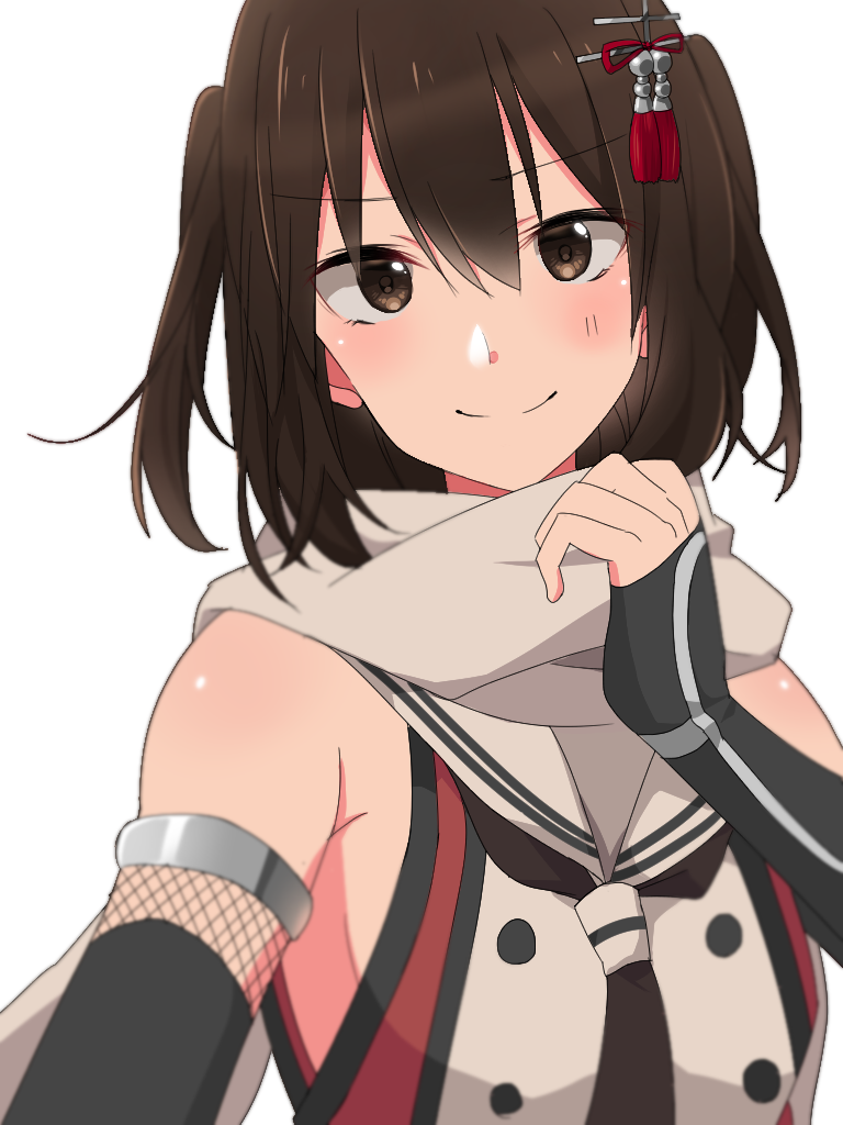 1girl bangs bare_shoulders blush brown_eyes brown_hair brown_neckwear closed_mouth detached_sleeves eyebrows_visible_through_hair eyes_visible_through_hair hair_between_eyes hair_ornament kantai_collection looking_at_viewer necktie rinto_(rint_rnt) sendai_(kantai_collection) short_hair simple_background smile solo tassel two_side_up upper_body vest white_background