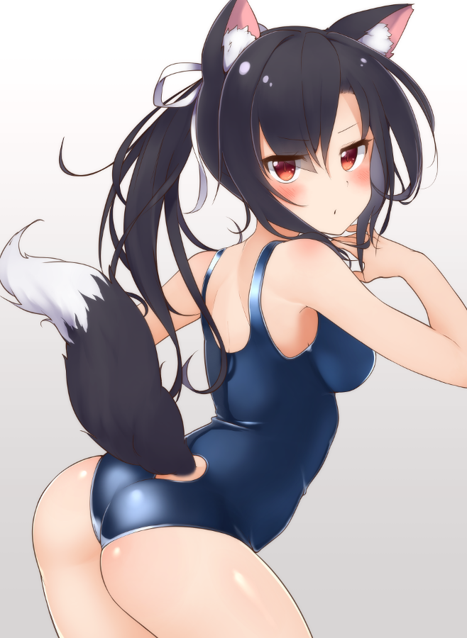 1girl :0 animal_ears ass azur_lane black_hair blue_swimsuit breasts grey_background hechi_(hechi322) long_hair looking_at_viewer one-piece_swimsuit ponytail red_eyes ribbon school_swimsuit shigure_(azur_lane) solo swimsuit tail white_ribbon wolf_ears wolf_tail