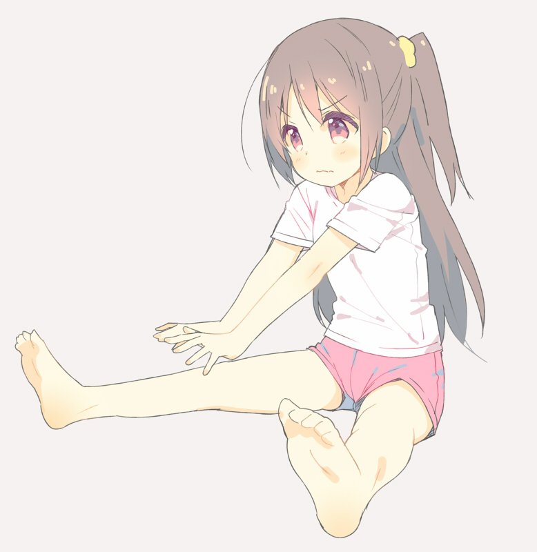 1girl annoyed barefoot brown_hair child commentary feet full_body long_hair meito_(maze) original pink_eyes pink_shorts shirt short_shorts shorts side_ponytail simple_background sitting solo stretch t-shirt v-shaped_eyebrows wavy_mouth