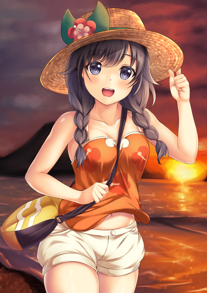 1girl :d bag bangs bare_arms bare_shoulders beach black_hair blue_eyes blush braid breasts cleavage collarbone cowboy_shot flower hat hat_tip looking_at_viewer medium_breasts mizuki_(pokemon_ultra_sm) navel ocean open_mouth outdoors pokemon pokemon_(game) pokemon_ultra_sm short_shorts shorts sky smile solo sun sun_hat sunset swept_bangs tank_top twin_braids white_shorts yuririn_poi