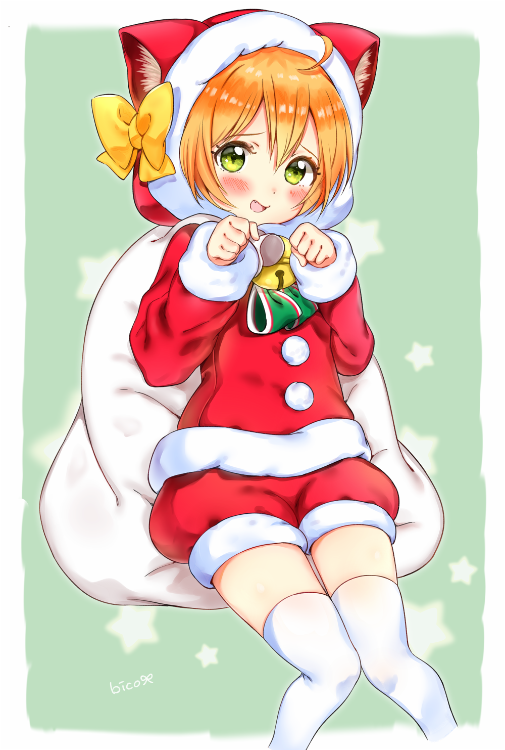 1girl :d ahoge animal_hood artist_name bell bico_(bicoris) blush bow cat_hood christmas commentary_request fang green_background green_eyes hair_between_eyes highres hood hood_up hoshizora_rin jingle_bell knees_together_feet_apart long_sleeves looking_at_viewer love_live! love_live!_school_idol_project open_mouth orange_hair paw_pose red_shorts ribbon sack santa_costume short_hair shorts sitting smile solo star thigh-highs white_legwear yellow_bow