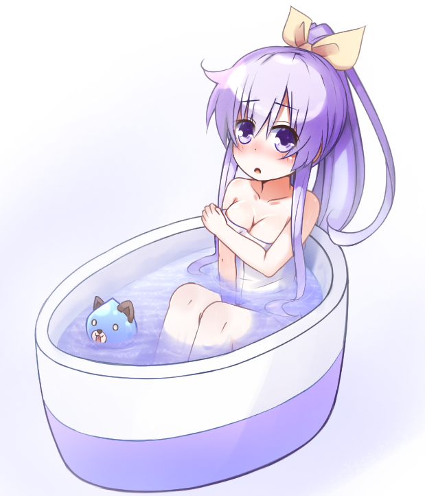 1girl :o bathtub blush breasts cleavage collarbone covering covering_breasts dogoo doria_(5073726) hair_ribbon long_hair looking_at_viewer medium_breasts naked_towel nepgear neptune_(series) ponytail purple_hair ribbon sidelocks simple_background sitting solo towel violet_eyes water white_background