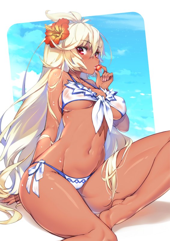 1girl ahoge arm_at_side arm_support bare_legs barefoot bikini breasts dark_skin eyebrows_visible_through_hair facing_away flower food front-tie_bikini front-tie_top fruit granblue_fantasy hair_between_eyes hair_flower hair_ornament hand_up hibiscus hong_(white_spider) large_breasts lips long_hair looking_at_viewer mouth_hold nail_polish navel outside_border red_eyes side-tie_bikini sitting solo strawberry swimsuit the_order_grande under_boob very_long_hair wet wet_clothes wet_swimsuit white_bikini white_hair yokozuwari