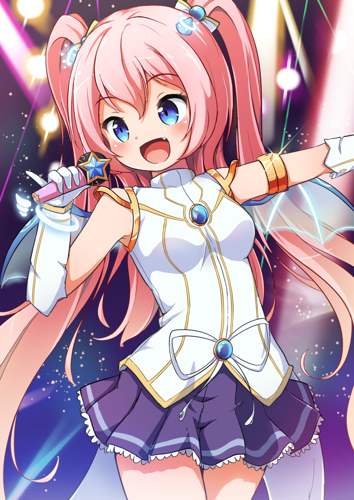 1girl :d angelic_buster armlet bangs bat_wings blue_eyes blue_wings blush bow commentary_request cowboy_shot elbow_gloves eyebrows_visible_through_hair fang gloves hair_between_eyes hair_bow holding holding_microphone horns jewelry long_hair looking_to_the_side maplestory microphone nekono_rin open_mouth pink_hair pinky_out pleated_skirt purple_skirt shirt sidelocks skirt sleeveless sleeveless_shirt smile solo star transparent_wings two_side_up very_long_hair white_bow white_gloves white_shirt wings