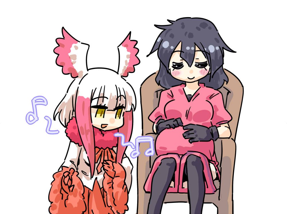 2girls armchair bangs blunt_bangs blush_stickers chair closed_eyes feather-trimmed_sleeves head_wings japanese_crested_ibis_(kemono_friends) kaban_(kemono_friends) kemono_friends looking_at_viewer multiple_girls music pleated_skirt pregnant seki_(red_shine) singing sitting skirt translation_request white_background