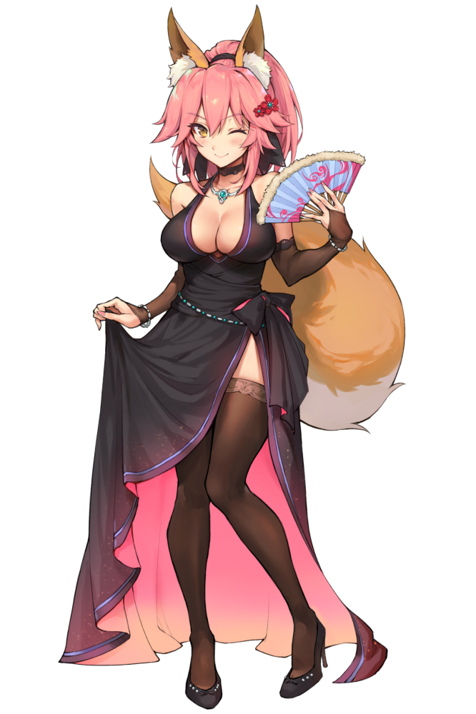 1girl ;) animal_ears black_dress black_gloves black_legwear breasts bridal_gauntlets choker cleavage dress elbow_gloves eyebrows_visible_through_hair fan fate/extra fate/grand_order fate_(series) fingerless_gloves flower folding_fan fox_ears fox_tail full_body gloves hair_between_eyes hair_flower hair_ornament halterneck haoni high_heels large_breasts one_eye_closed pink_hair ponytail side_slit sidelocks simple_background smile solo tail tamamo_(fate)_(all) tamamo_no_mae_(fate) thigh-highs white_background yellow_eyes