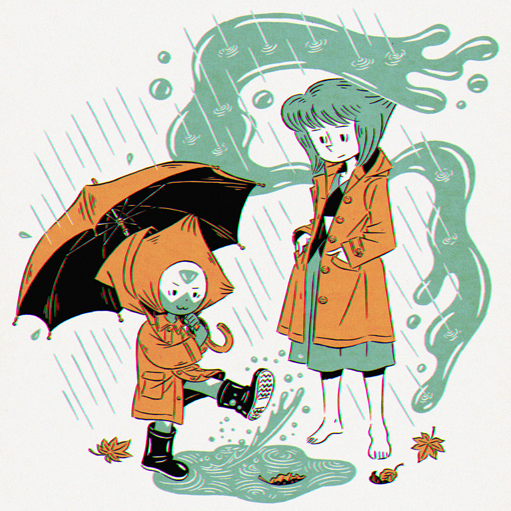 2girls :3 :| autumn_leaves barefoot boots closed_mouth commentary_request dot_nose dress forehead_jewel hands_in_pockets height_difference holding holding_umbrella hood hooded_jacket jacket kicking lapis_lazuli_(steven_universe) leaf multiple_girls multiple_monochrome peridot_(steven_universe) rain raincoat rubber_boots short_hair smile splashing steven_universe tajima_naoto traditional_media umbrella unamused water wings