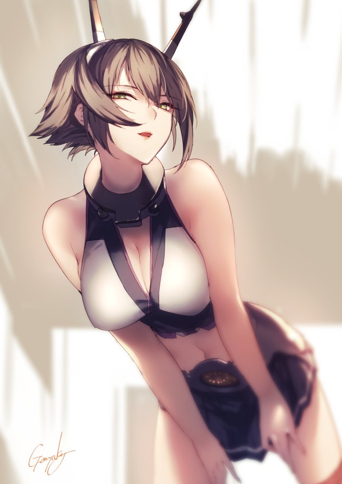 1girl artist_name bare_shoulders black_skirt breasts brown_hair cleavage collar focused gloves green_eyes hand_on_thigh headgear kantai_collection kyouya_(mukuro238) large_breasts leaning_forward lips looking_at_viewer midriff mutsu_(kantai_collection) navel pleated_skirt red_legwear short_hair skirt smile solo upper_body white_gloves