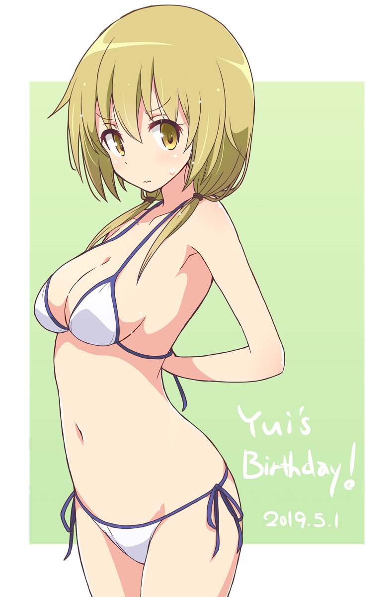 1girl arms_behind_back bikini blonde_hair blush breasts character_name closed_mouth commentary cowboy_shot dated english_text eyebrows_visible_through_hair frown gradient gradient_background green_background hair_over_shoulder hair_tie happy_birthday highres ichii_yui long_hair looking_at_viewer medium_breasts mel_(melty_pot) navel side-tie_bikini solo standing swimsuit twintails wavy_mouth white_bikini yellow_eyes yuyushiki