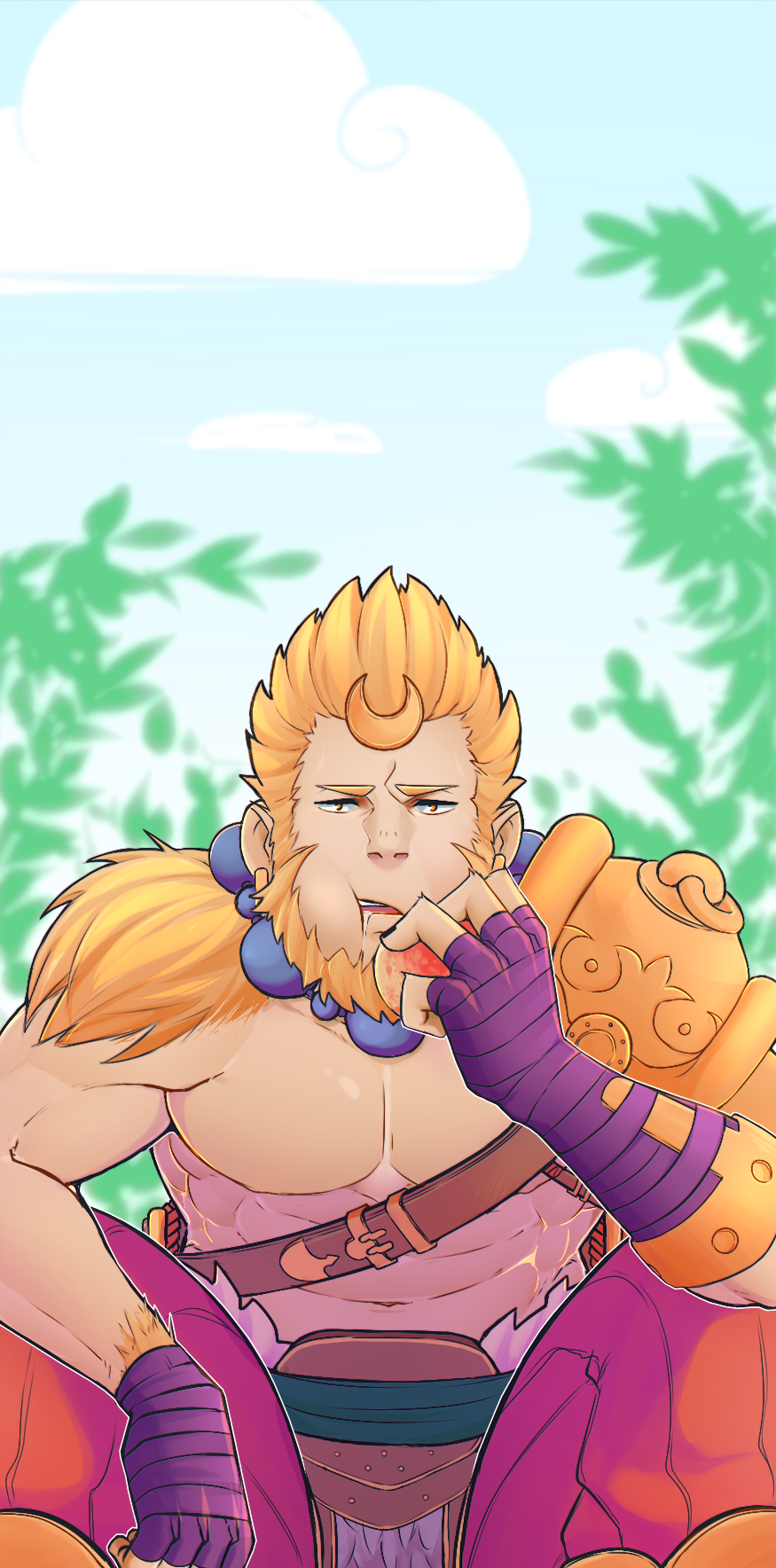 1boy abs bandage beard blonde_hair earrings eating eveurite_(ev) facial_hair fingerless_gloves fur_trim gloves hair_ornament highres jewelry leaf male_focus navel necklace open_mouth orange_eyes shirtless sitting sky smite solo sun_wukong_(smite) teeth