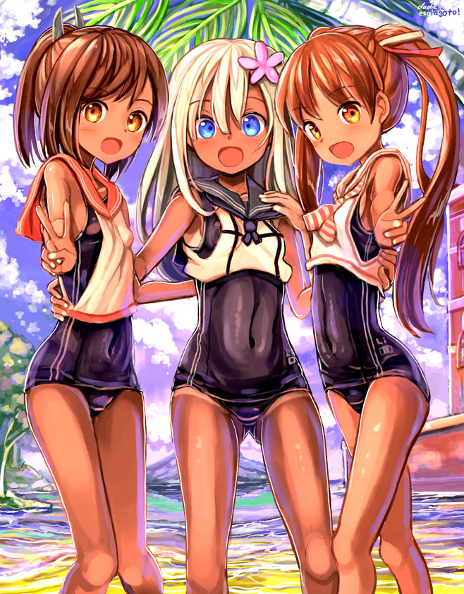 3girls blonde_hair blue_eyes brown_eyes brown_hair cowboy_shot crop_top dada_(esoragoto) dark_skin flower hair_flower hair_ornament hairclip i-401_(kantai_collection) kantai_collection libeccio_(kantai_collection) looking_at_viewer multiple_girls one-piece_swimsuit one-piece_tan open_mouth orange_sailor_collar palm_tree ponytail ro-500_(kantai_collection) sailor_collar school_swimsuit short_ponytail swimsuit swimsuit_under_clothes tan tanline tree twintails v