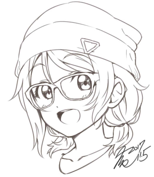 1girl :d beanie blush dated eyebrows_visible_through_hair glasses greyscale hair_between_eyes hat looking_at_viewer love_live! love_live!_sunshine!! monochrome open_mouth portrait short_hair short_twintails signature simple_background smile solo takeya_yuuki twintails watanabe_you white_background