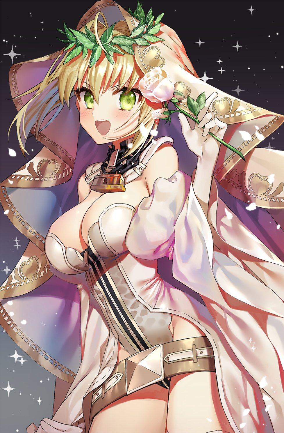 1girl :d ahoge bangs belt blonde_hair blush branch breasts cleavage cowboy_shot detached_collar detached_sleeves elbow_gloves eyebrows_visible_through_hair fate/grand_order fate_(series) gambe gloves green_eyes hair_between_eyes highres holding_branch jewelry large_breasts laurel_crown leotard lock looking_at_viewer necklace nero_claudius_(bride)_(fate) nero_claudius_(fate) nero_claudius_(fate)_(all) open_mouth revision smile solo standing thigh-highs v-shaped_eyebrows veil white_gloves white_legwear white_leotard wide_sleeves