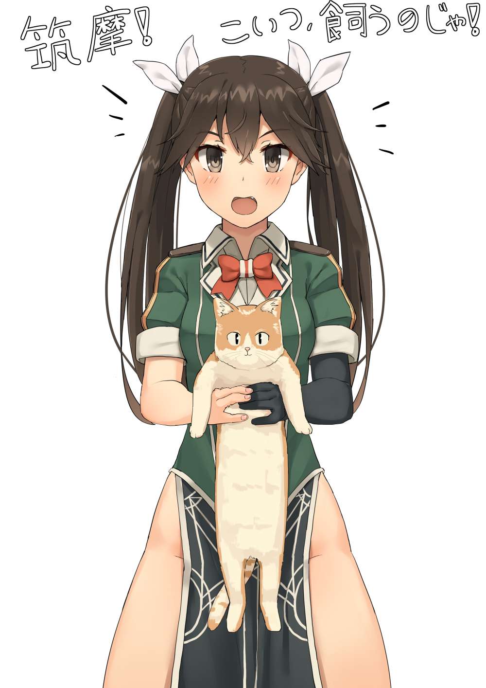 1girl :d black_gloves blush bow bowtie brown_eyes brown_hair cat collared_dress cowboy_shot dress elbow_gloves eyebrows_visible_through_hair fang fingernails gloves green_dress hair_between_eyes hair_bow highres holding_cat kantai_collection legs_apart long_hair no_panties open_mouth pelvic_curtain revision short_sleeves simple_background single_elbow_glove single_glove smile soil_chopsticks solo tone_(kantai_collection) translation_request twintails white_background white_bow