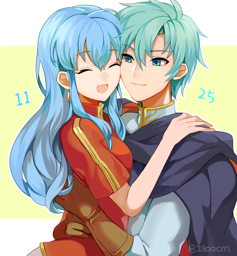 1boy 1girl 2900cm aqua_hair armor blue_eyes blue_hair brother_and_sister cape closed_eyes eirika ephraim fire_emblem fire_emblem:_seima_no_kouseki gloves green_hair hug long_hair polearm short_hair siblings smile weapon