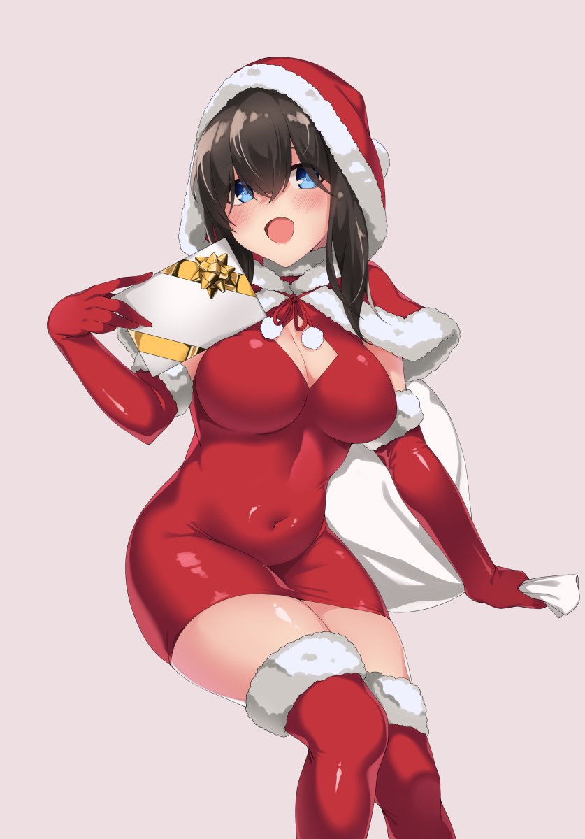 1girl black_hair blue_eyes blush box breasts capelet cleavage cleavage_cutout covered_navel elbow_gloves fur-trimmed_capelet fur-trimmed_gloves fur-trimmed_legwear fur_trim gift gift_box gloves hair_between_eyes hat highres hips idolmaster idolmaster_cinderella_girls large_breasts long_hair open_mouth red_gloves red_legwear sack sagisawa_fumika santa_hat simple_background sitting smile solo spicy_moo thigh-highs thighs waist