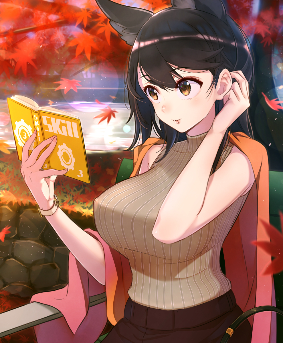 1girl alternate_costume atago_(azur_lane) autumn_leaves azur_lane bangs black_hair book breasts brown_eyes casual day erect_nipples hair_tucking highres holding holding_book large_breasts leaf maple_leaf mappaninatta open_book outdoors reading revision ribbed_sweater sleeveless solo sweater swept_bangs turtleneck turtleneck_sweater