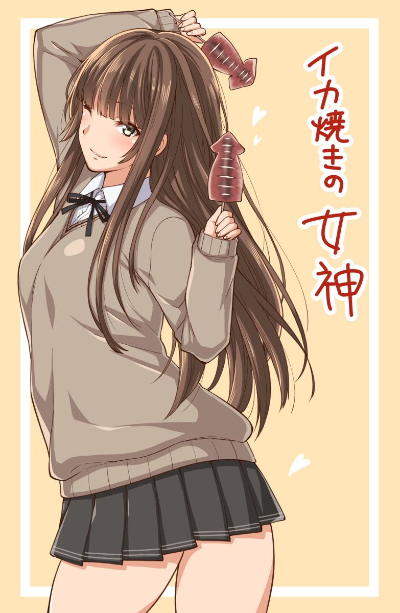 1girl amagami brown_eyes brown_hair cardigan dress_shirt heart highres ikayaki kamizaki_risa looking_at_viewer one_eye_closed school_uniform shirt shouji_nigou skirt smile solo squid