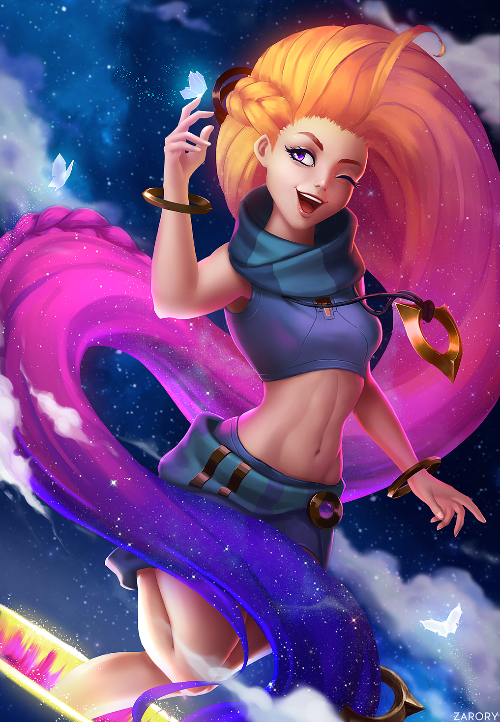 1girl ;d bracelet braid breasts clouds crop_top highres jewelry league_of_legends long_hair midriff navel necklace night one_eye_closed one_leg_raised open_mouth orange_hair purple_hair sarong scarf shorts sky small_breasts smile solo star_(sky) starry_sky stomach very_long_hair violet_eyes zarory zoe_(league_of_legends)