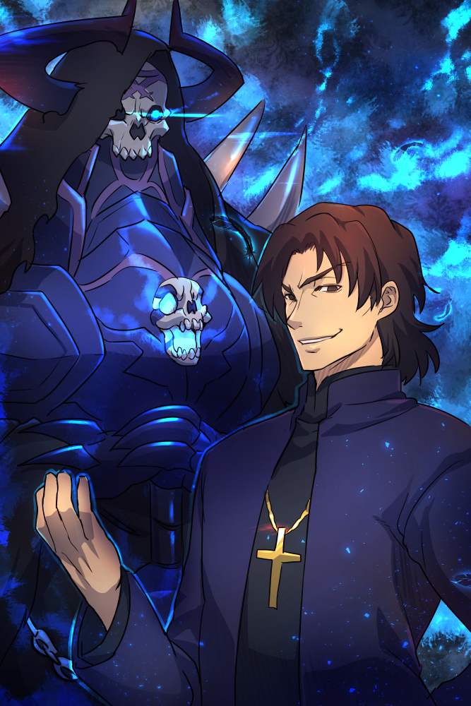 2boys armor bangs brown_hair commentary_request cross crucifix fate/grand_order fate_(series) glowing glowing_eyes hand_on_hip hand_up horned_headwear horns king_hassan_(fate/grand_order) kotomine_kirei long_sleeves mask multiple_boys parted_bangs priest shoulder_spikes skull_mask smile sparkle spikes tomoyohi