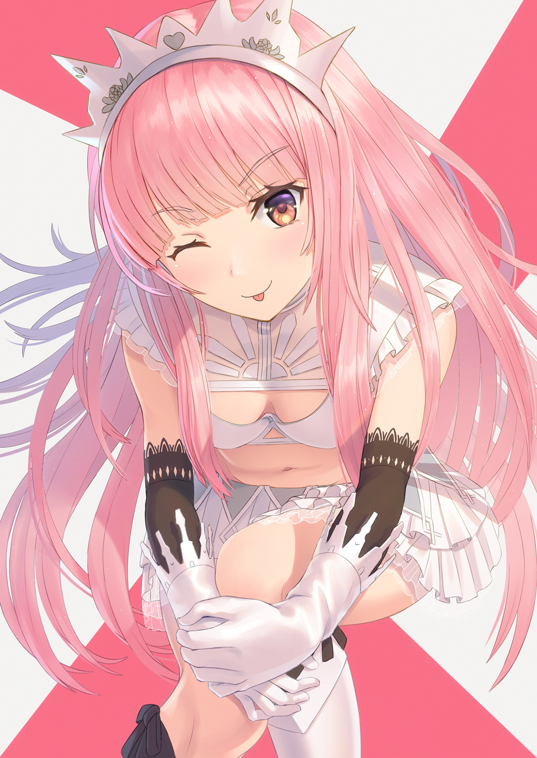 ;p bangs blunt_bangs breasts elbow_gloves eyebrows_visible_through_hair fate/grand_order fate_(series) gloves highres kaina_(tsubasakuronikuru) legs_crossed long_hair looking_at_viewer medb_(fate/grand_order) medium_breasts nitta_minami one_eye_closed pink_hair solo tongue tongue_out white_gloves yellow_eyes