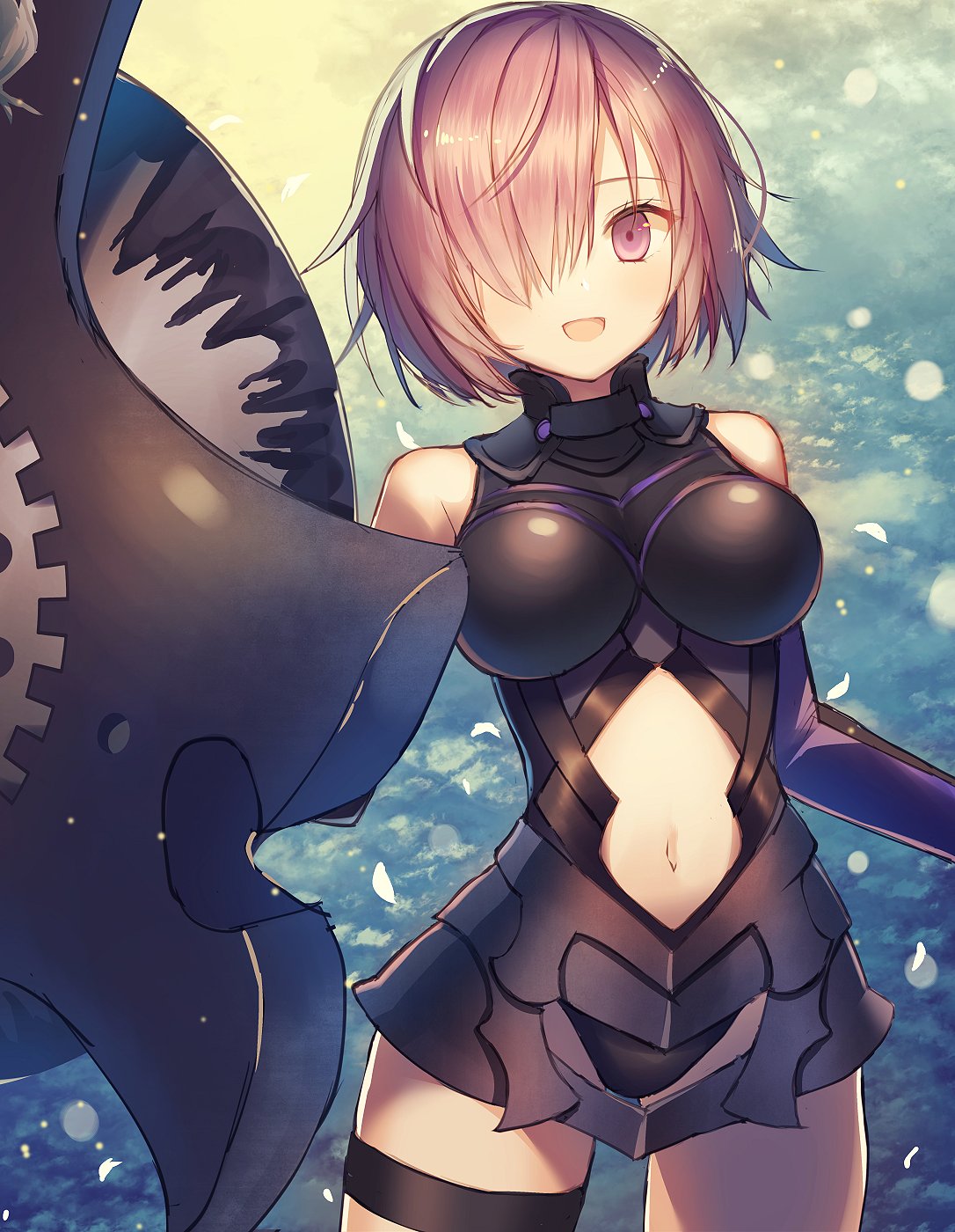 1girl armor armored_dress bangs bare_shoulders black_leotard breasts commentary_request cowboy_shot elbow_gloves fate/grand_order fate_(series) gloves hair_over_one_eye highres holding_shield io_enishi large_breasts lavender_eyes lavender_hair leotard looking_at_viewer mash_kyrielight navel open_mouth shield shielder_(fate/grand_order) short_hair smile solo standing thigh-highs thigh_strap