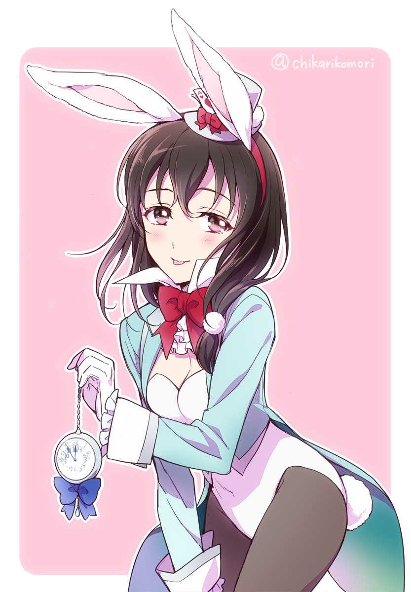 1girl alice_in_wonderland animal_ears black_hair black_legwear blue_jacket bow bowtie brown_eyes bunny_tail bunnysuit chikariya cosplay detached_collar fujiwara_hajime highres idolmaster idolmaster_cinderella_girls jacket leaning_forward leotard long_hair looking_at_viewer pantyhose pink_background pocket_watch rabbit_ears simple_background smile solo strapless strapless_leotard tail tailcoat tongue tongue_out watch white_leotard white_rabbit white_rabbit_(cosplay)