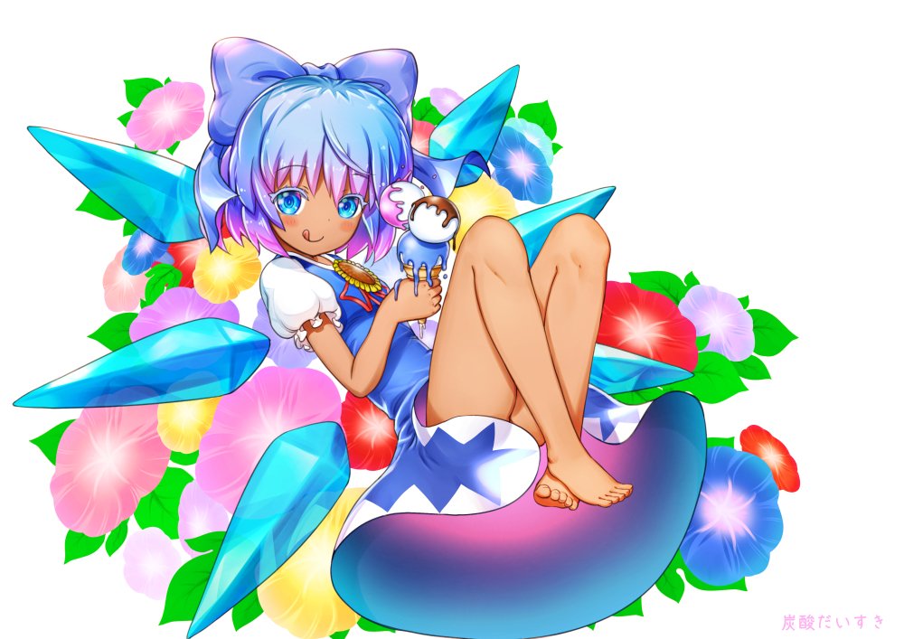 1girl artist_name barefoot blue_bow blue_eyes blue_hair blush bow cirno closed_mouth eyebrows_visible_through_hair food hair_bow hidden_star_in_four_seasons ice ice_cream ice_cream_cone ice_wings looking_at_viewer multicolored_hair puffy_short_sleeves puffy_sleeves purple_hair short_hair short_sleeves smile solo tan tanned_cirno tansan_daisuki touhou two-tone_hair wings