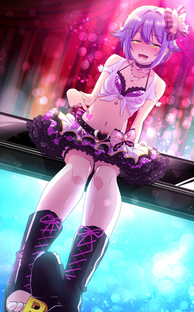 1girl :d black_footwear blush boots bow breasts choker crop_top cross-laced_footwear foreshortening front-tie_top hair_between_eyes hair_bow hair_flaps idolmaster idolmaster_cinderella_girls idolmaster_cinderella_girls_starlight_stage koshimizu_sachiko lace-up_boots layered_skirt looking_at_viewer miniskirt natsumi_akira navel open_mouth purple_hair sitting skirt small_breasts smile stomach yellow_eyes
