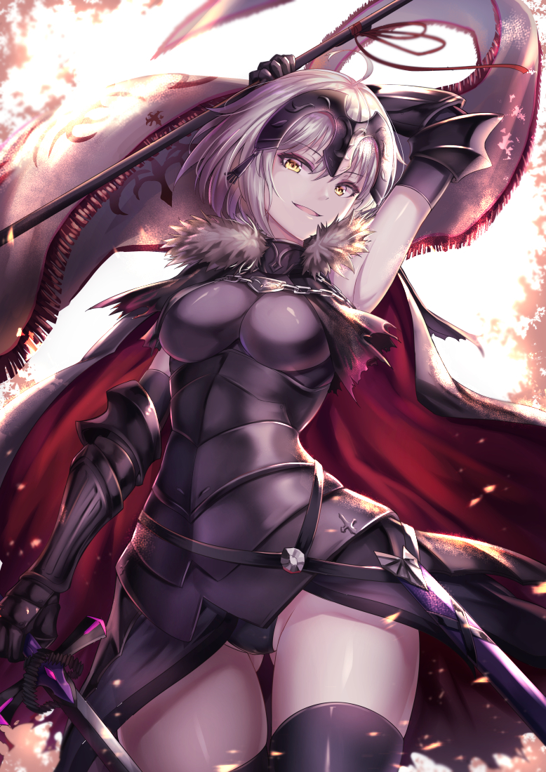 1girl armor armored_boots armored_dress bangs black_cape black_dress black_legwear boots breasts cape cenangam cowboy_shot dress eyebrows_visible_through_hair fate/apocrypha fate/grand_order fate_(series) fur_collar fur_trim gauntlets headpiece holding holding_weapon jeanne_d'arc_(alter)_(fate) jeanne_d'arc_(fate)_(all) large_breasts long_hair looking_at_viewer open-back_dress platinum_blonde sidelocks smile solo sword thigh-highs weapon yellow_eyes zettai_ryouiki