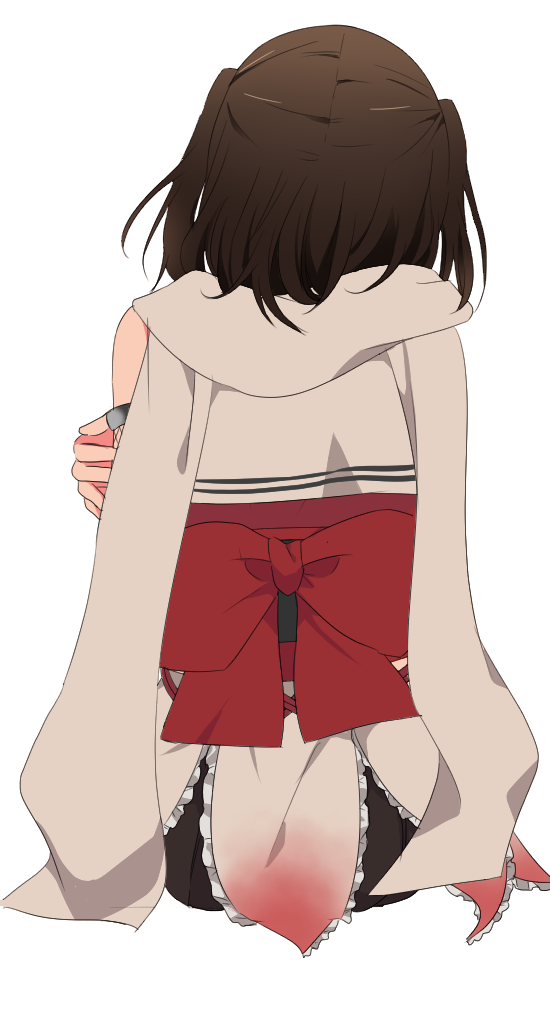 1girl black_skirt brown_hair facing_away from_behind kantai_collection obi pleated_skirt rinto_(rint_rnt) sash scarf sendai_(kantai_collection) short_hair simple_background sitting skirt solo two_side_up white_background white_scarf