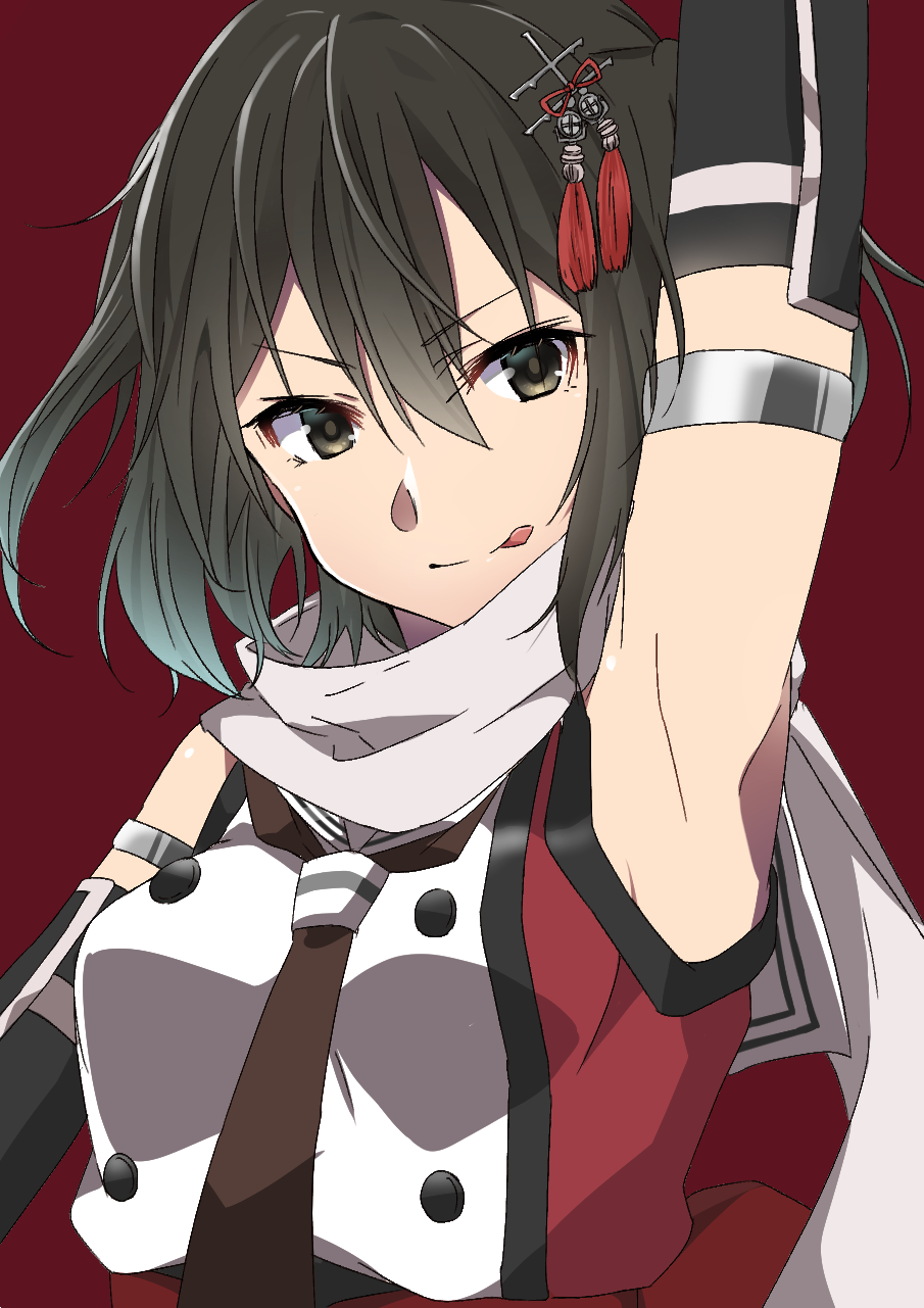1girl armpits black_gloves brown_eyes brown_hair elbow_gloves gloves hair_ornament highres kantai_collection looking_at_viewer red_background remodel_(kantai_collection) rinto_(rint_rnt) scarf school_uniform sendai_(kantai_collection) serafuku short_hair simple_background smile solo two_side_up upper_body white_scarf