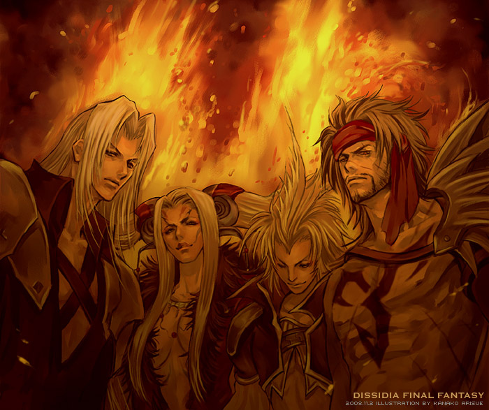 1girl arisue_kanako breasts brown_hair cleavage dissidia_final_fantasy dress facial_hair facial_mark final_fantasy final_fantasy_ix final_fantasy_vii final_fantasy_viii final_fantasy_x grey_hair jecht kuja large_breasts long_hair multiple_boys sephiroth shirtless silver_hair smile sorceress ultimecia white_hair witch