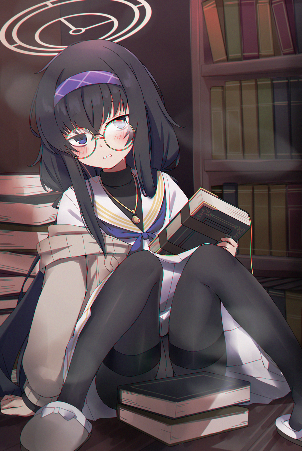 1girl bangs black_hair black_legwear blue_archive blue_eyes blue_neckerchief blush book book_stack bookshelf brown_cardigan cardigan clenched_teeth foot_out_of_frame glasses hair_between_eyes hairband halo highres holding holding_book knees_up kure_(kure_ng) long_hair long_sleeves looking_at_viewer neckerchief panties panties_under_pantyhose pantyhose purple_hairband round_eyewear sailor_collar sitting slippers solo spread_legs teeth thighband_pantyhose ui_(blue_archive) underwear very_long_hair white_panties white_sailor_collar