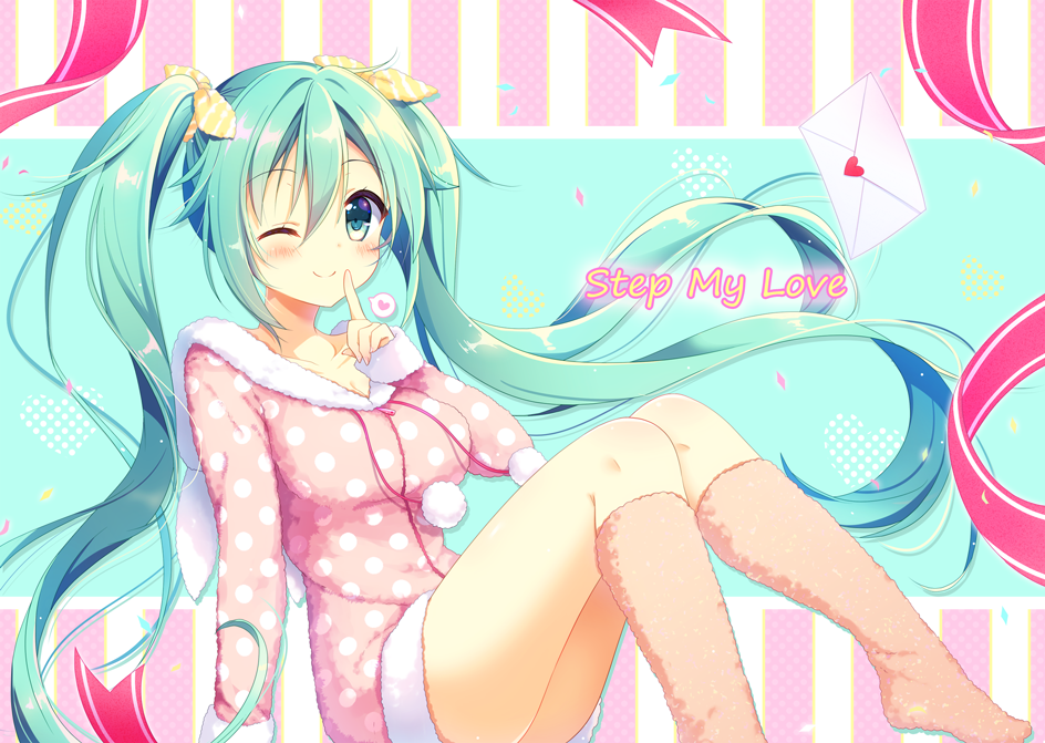 1girl ;) aoi_yun arm_support bangs blush breasts closed_mouth collarbone commentary_request eyebrows_visible_through_hair finger_to_mouth hair_between_eyes hair_ribbon hatsune_miku heart kneehighs letter long_hair long_sleeves looking_at_viewer love_letter medium_breasts no_shoes one_eye_closed pajamas pink_legwear pink_pajamas polka_dot_pajamas pom_pom_(clothes) ribbon short_jumpsuit shushing sidelocks sitting sleeves_past_wrists smile solo spoken_heart striped striped_ribbon twintails unmoving_pattern very_long_hair vocaloid yellow_ribbon