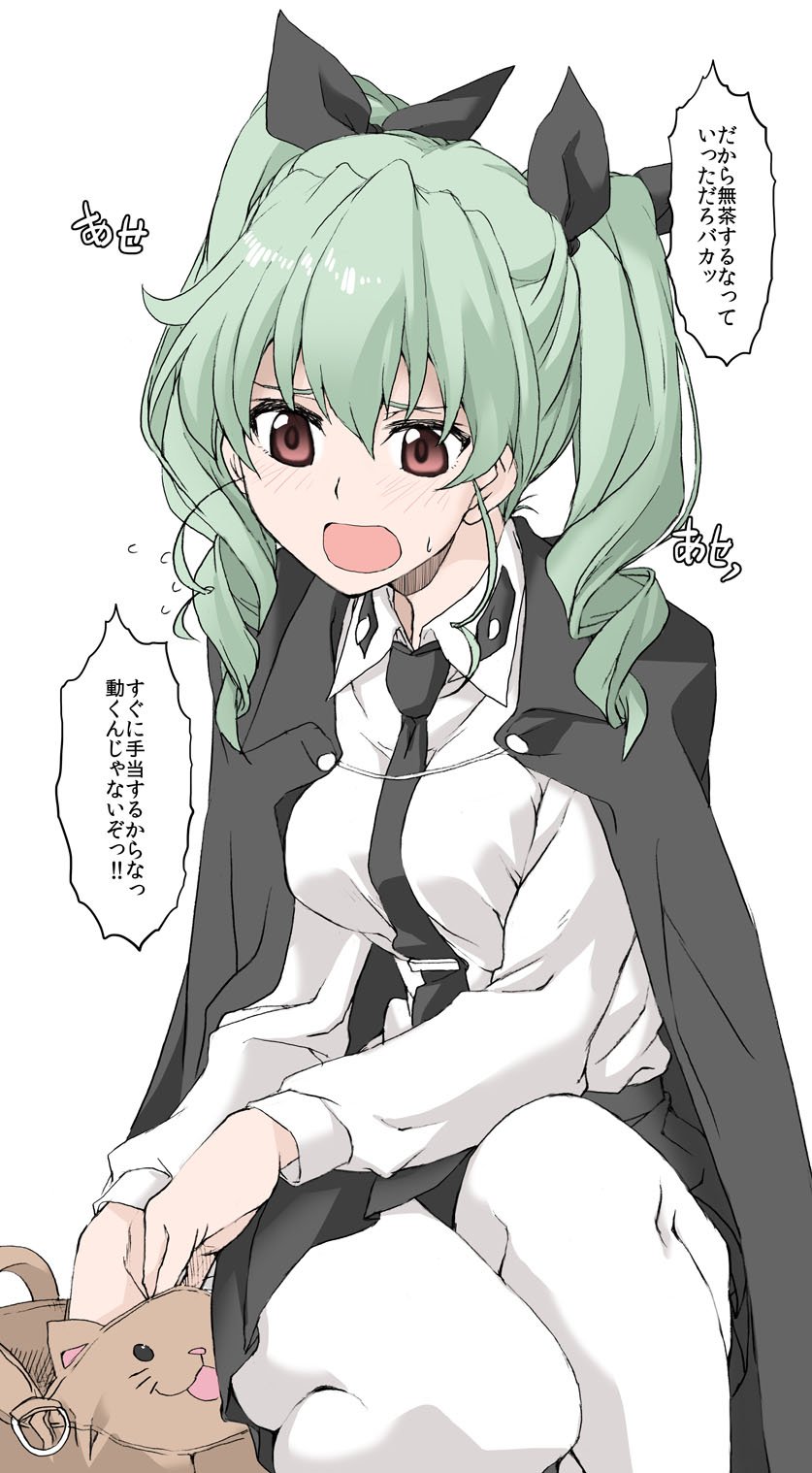 anchovy breasts cat elf_(stroll_in_the_woods) girls_und_panzer green_hair hair_ornament highres necktie open_mouth red_eyes sitting speech_bubble translation_request white_background