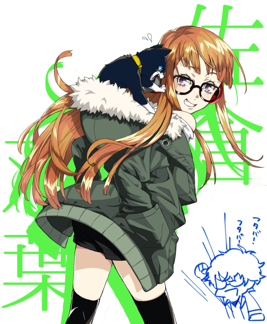 1girl cat coat fur_collar fur_trim glasses grin hands_in_pockets headphones kurusu_akira lijont long_hair looking_back morgana_(persona_5) orange_hair persona persona_5 sakura_futaba shorts smile thigh-highs violet_eyes