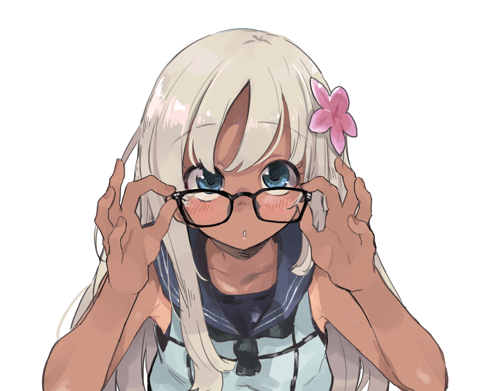 1girl :o blonde_hair blue_eyes blush commentary_request crop_top eyebrows_visible_through_hair flower glasses hair_flower hair_ornament kantai_collection long_hair looking_at_viewer one-piece_swimsuit one-piece_tan open_mouth ro-500_(kantai_collection) school_swimsuit simple_background swimsuit swimsuit_under_clothes tan tanline wataro_(watawatawatapon)