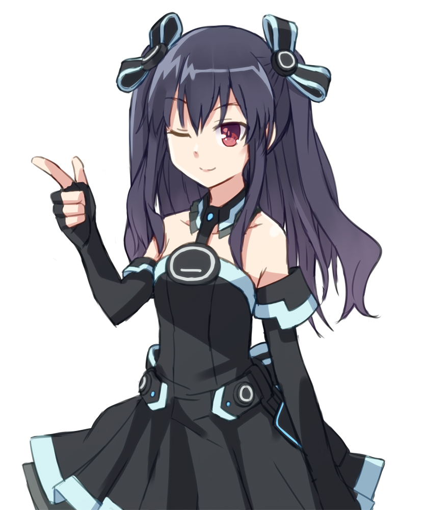 1girl bare_shoulders black_hair chikuwa_(majihima) gloves hair_ornament looking_at_viewer neptune_(series) one_eye_closed red_eyes ribbon solo two_side_up uni_(choujigen_game_neptune)