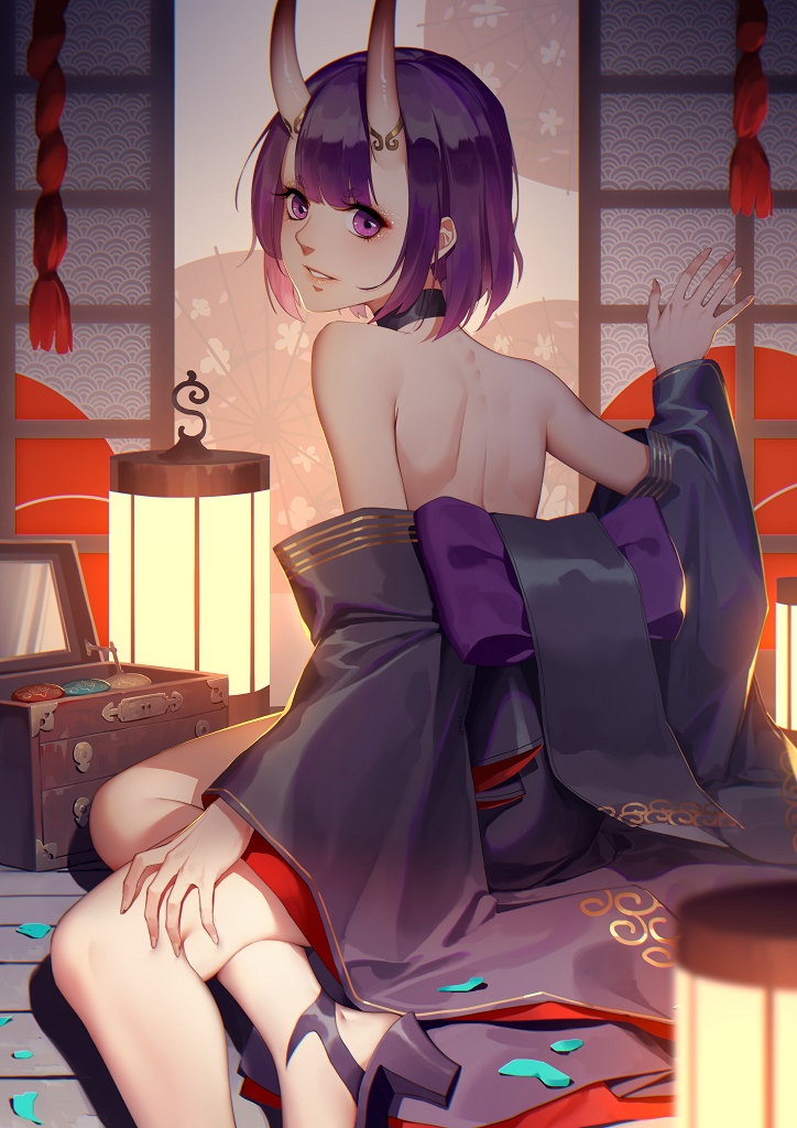 1girl bare_shoulders black_neckwear bob_cut choker daye_bie_qia_lian eyebrows_visible_through_hair fate/grand_order fate_(series) from_behind horns japanese_clothes looking_at_viewer looking_back oni oni_horns pale_skin purple_hair short_hair shuten_douji_(fate/grand_order) sitting solo violet_eyes wide_sleeves