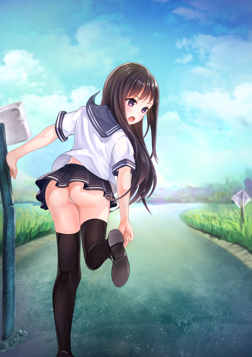 1girl :o adjusting_clothes adjusting_shoe arm_support ass bangs black_footwear black_hair black_legwear blue_sailor_collar blue_sky blush clouds cloudy_sky commentary_request day eyebrows_visible_through_hair highres karin_(fineyanny) long_hair looking_down miniskirt open_mouth original outdoors panties pleated_skirt road road_sign sailor_collar school_uniform serafuku shirt shoes short_sleeves sign skirt sky solo standing standing_on_one_leg thigh-highs underwear very_long_hair violet_eyes white_panties white_shirt