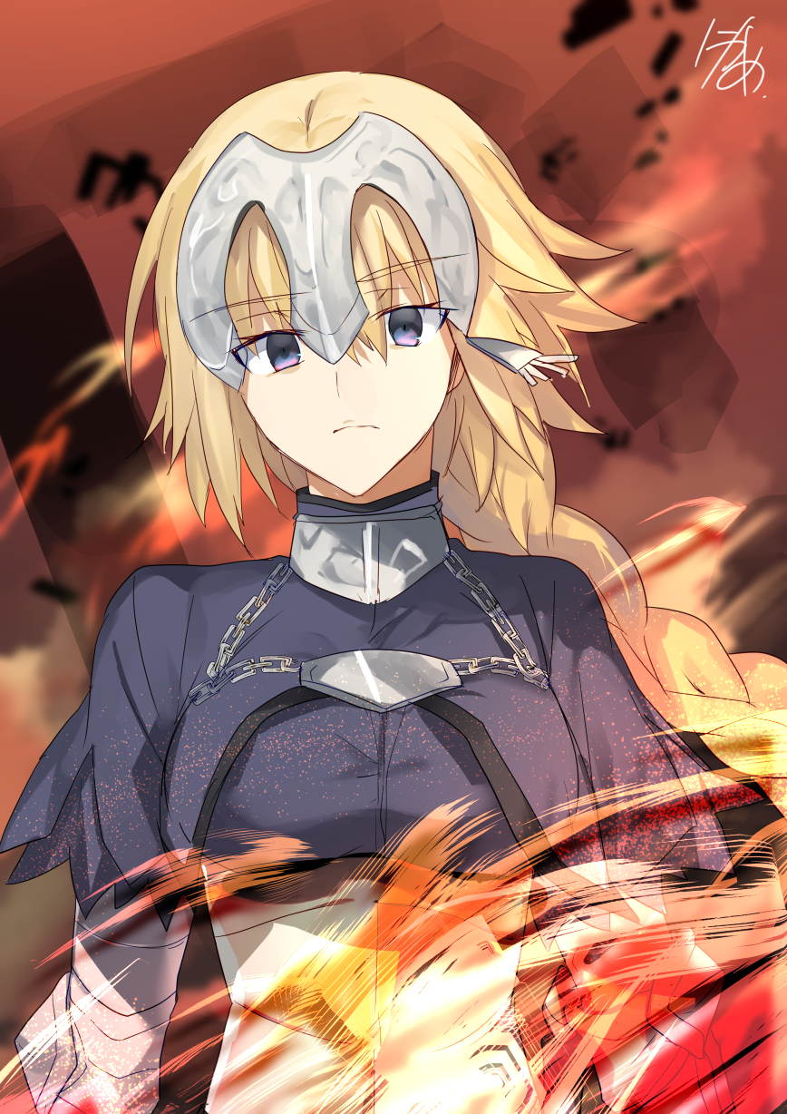 1girl blonde_hair blue_eyes braid breasts capelet chains closed_mouth fate/apocrypha fate_(series) faulds headpiece highres jeanne_d'arc jeanne_d'arc_(fate) jeanne_d'arc_(fate)_(all) long_hair looking_at_viewer medium_breasts nikame single_braid solo upper_body